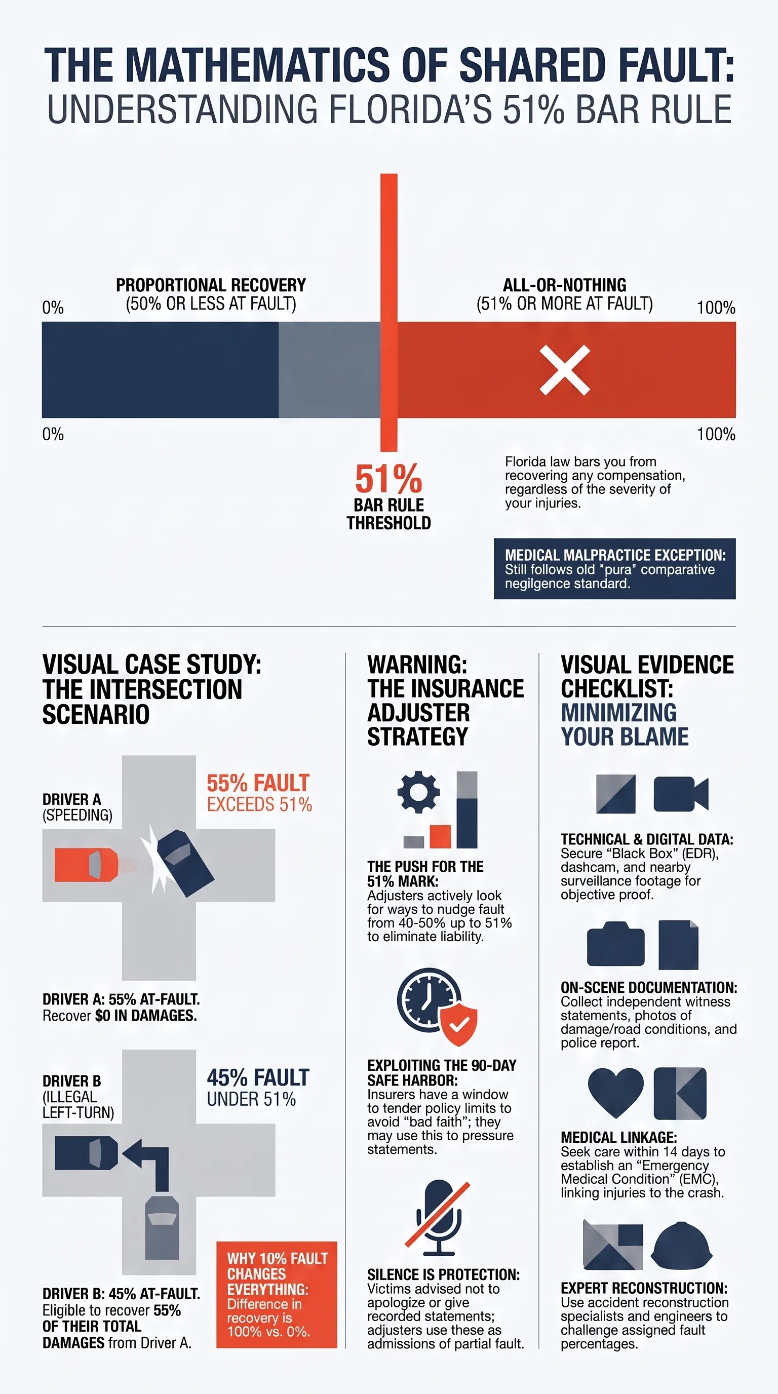 La barrera del 51% de negligencia comparativa de Florida: cómo la HB 837 (2023) puede reducir o eliminar su recuperación — infographic